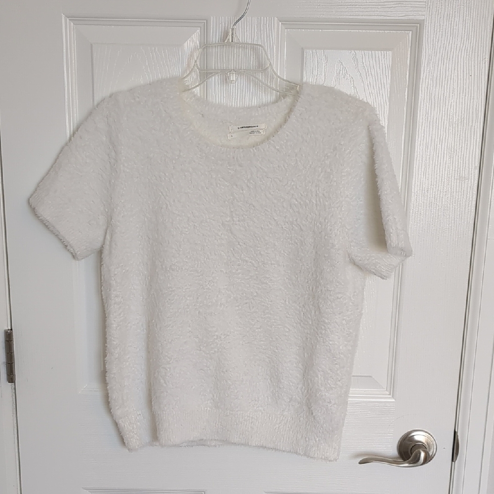 Anthropologie Plush Short-Sleeve Crewneck Sweater in White